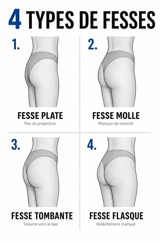 Infographie comparative des types de fesses flasques, molles, plates et tombantes pour comprendre le relâchement fessier.