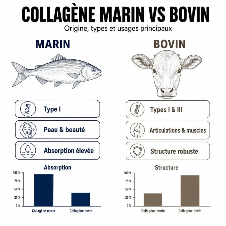 Comparatif visuel entre le collagène marin et le collagène bovin : origines, types et bienfaits pour la santé