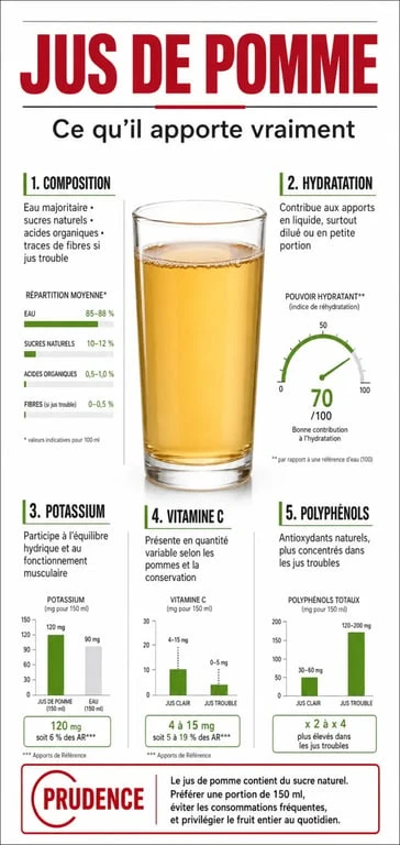 Infographie sur les bienfaits du jus de pommes : composition, hydratation, antioxydants et précautions