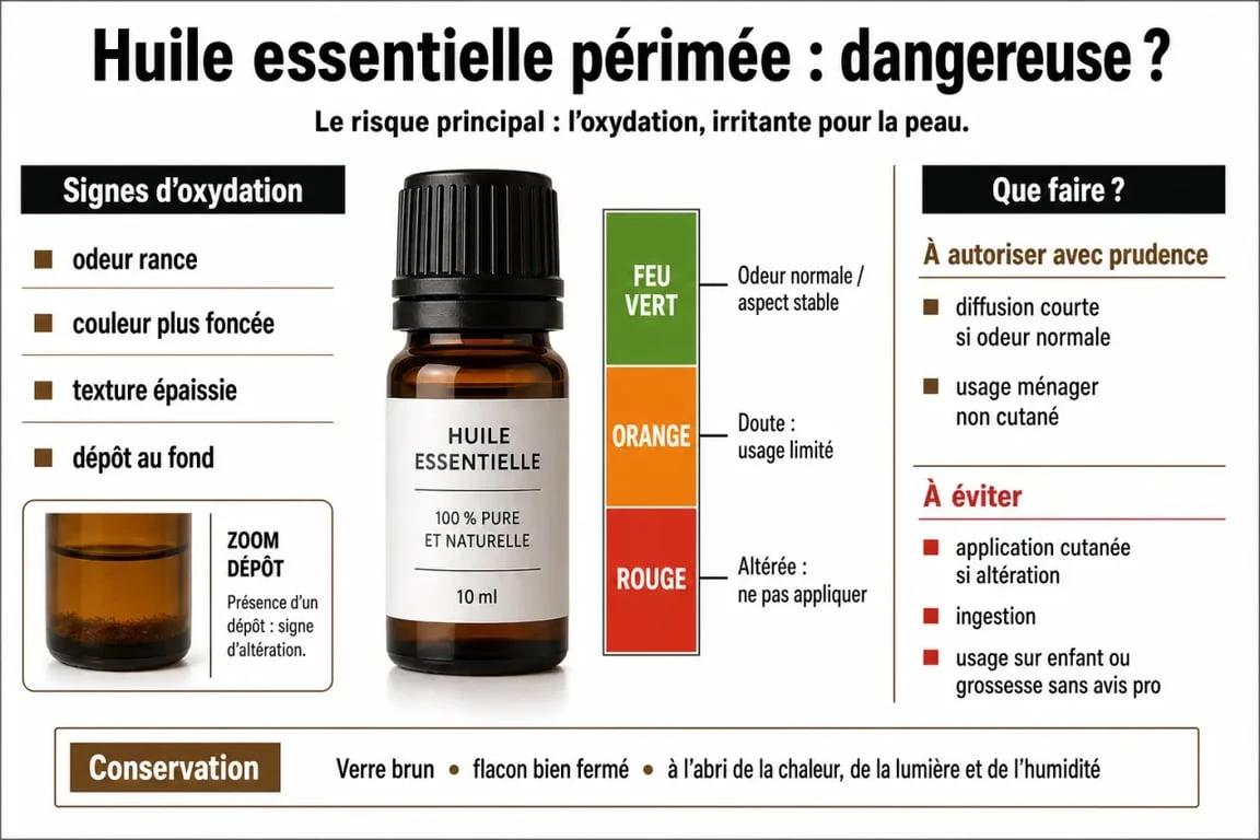 Infographie sur huile essentielle périmée dangereux : signes d’oxydation, usages à éviter et conservation