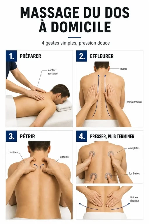 Technique de massage pour le dos : illustration pas à pas des gestes de base et des zones à masser