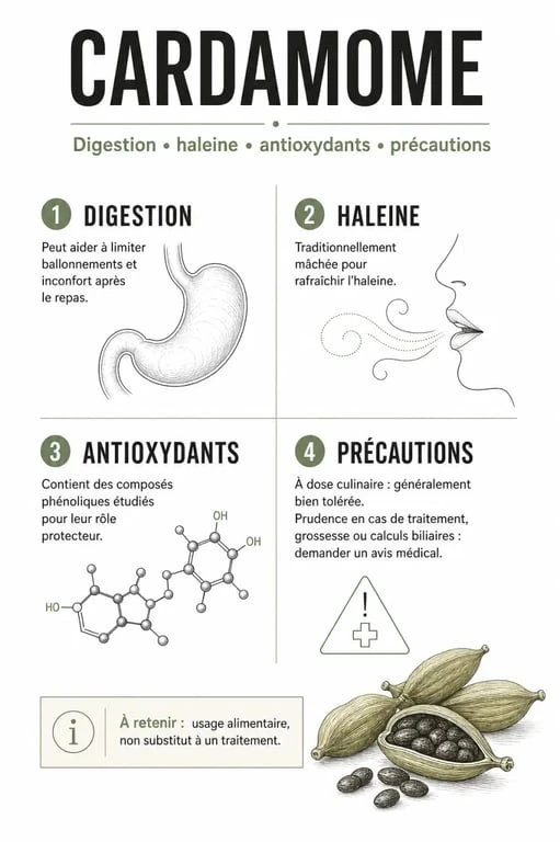 Infographie cardamome bienfait : digestion, haleine, antioxydants et précautions