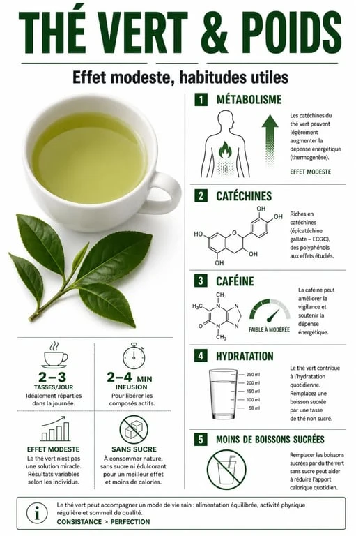 Infographie sur maigrir the : effets du thé vert, caféine et conseils de consommation