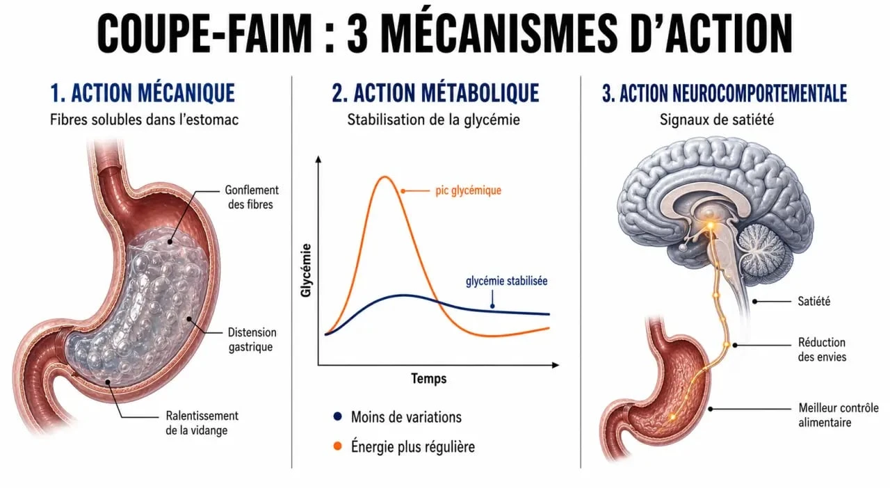 Infographie expliquant les mécanismes d'action d'un coupe-faim efficace sur l'appétit