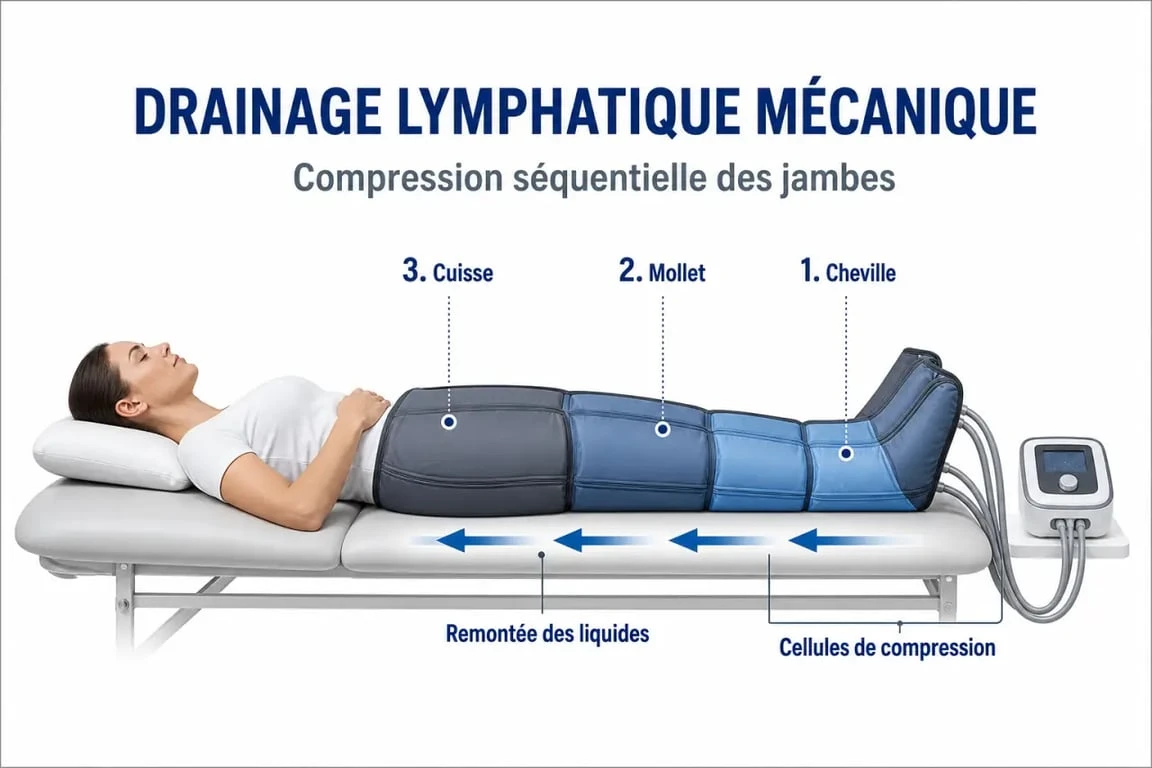 Machine drainage lymphatique : schéma de pressothérapie avec bottes et compression alternée