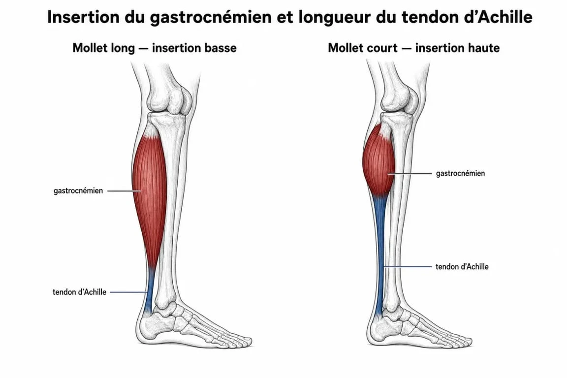 Schéma anatomique comparatif pour identifier des mollets courts ou longs