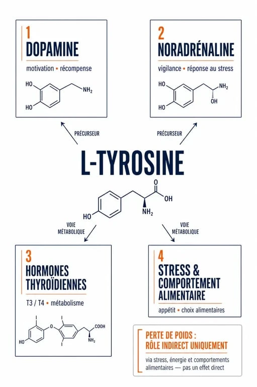 Schéma sur la l tyrosine et perte de poids montrant ses effets indirects sur le stress, l’énergie et le métabolisme