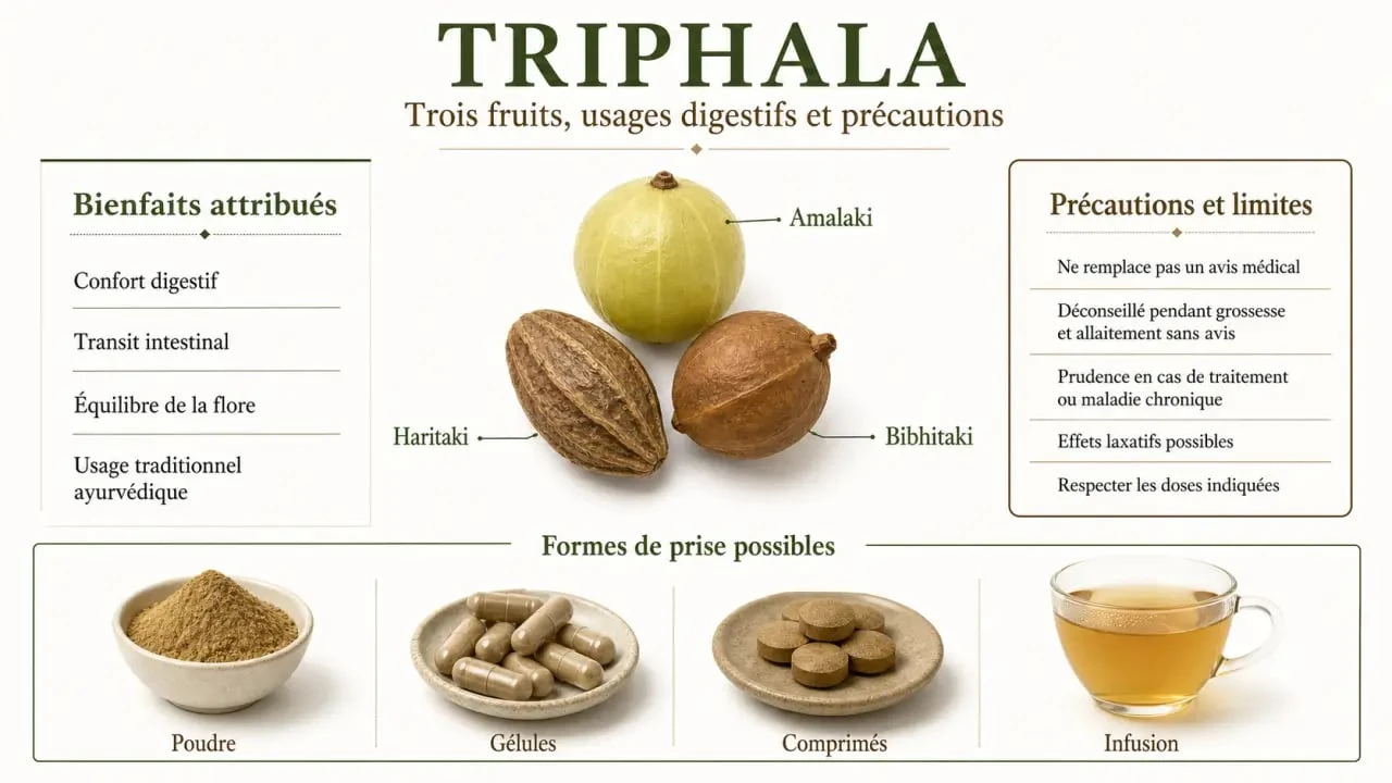Triphala bienfaits : visuel scientifique sur les trois fruits, les usages digestifs et les précautions