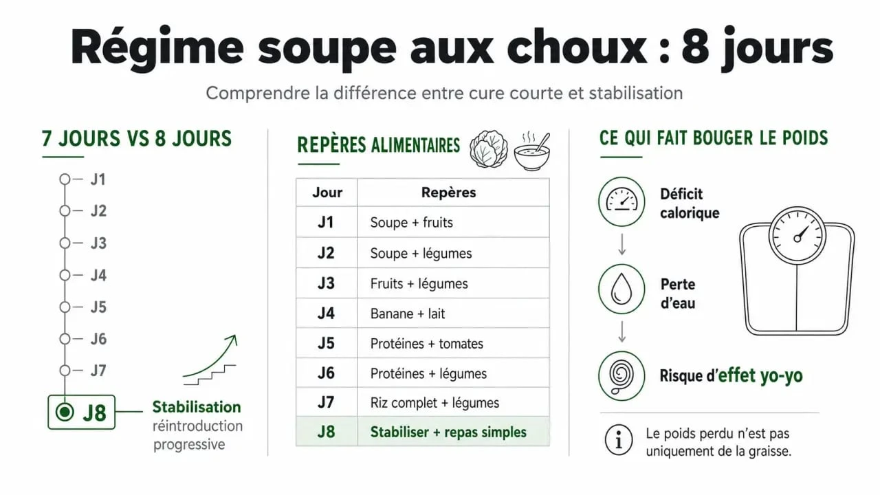 Infographie sur le régime soupe aux choux 8 jours avec comparaison 7 jours et stabilisation