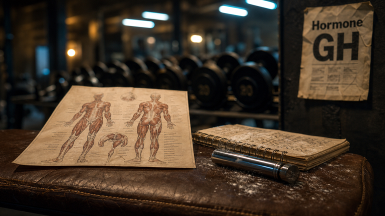 Hormone de croissance pour musculation : séringue fermée et affichage GH en salle de sport