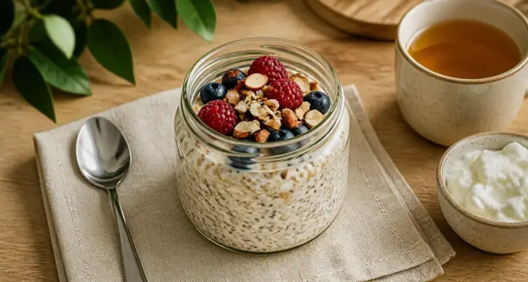 Idées de petit-déjeuner équilibré : bocal d’overnight oats, fruits rouges et chia