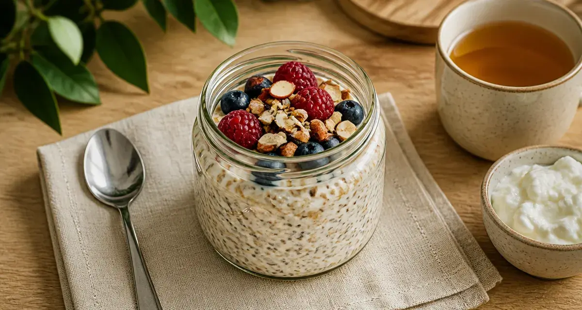Idées de petit-déjeuner équilibré : bocal d’overnight oats, fruits rouges et chia