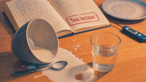 Intolérance au lactose symptome : test lactase, lait et thermomètre