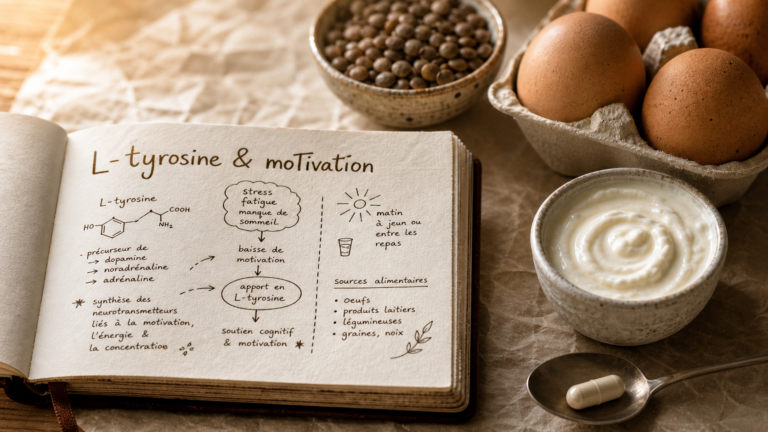 L tyrosine et perte de poids : gélule et aliments sur fond journal