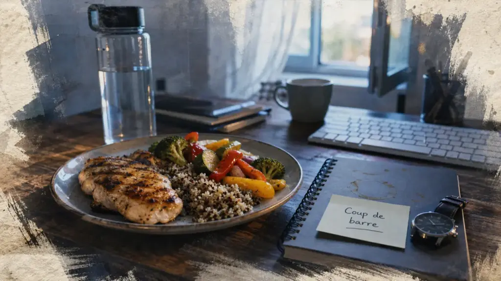 Photo : poulet et eau au bureau, pour lutter contre la fatigue de l'après-midi et relancer l’énergie