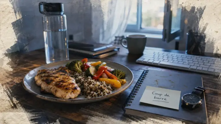 Photo : poulet et eau au bureau, pour lutter contre la fatigue de l'après-midi et relancer l’énergie