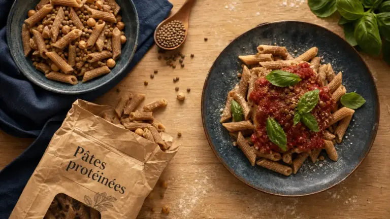 Pates proteine à base de lentilles et pois chiches sur table