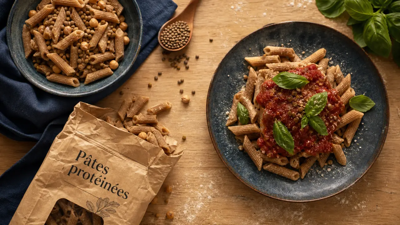 Pates proteine à base de lentilles et pois chiches sur table