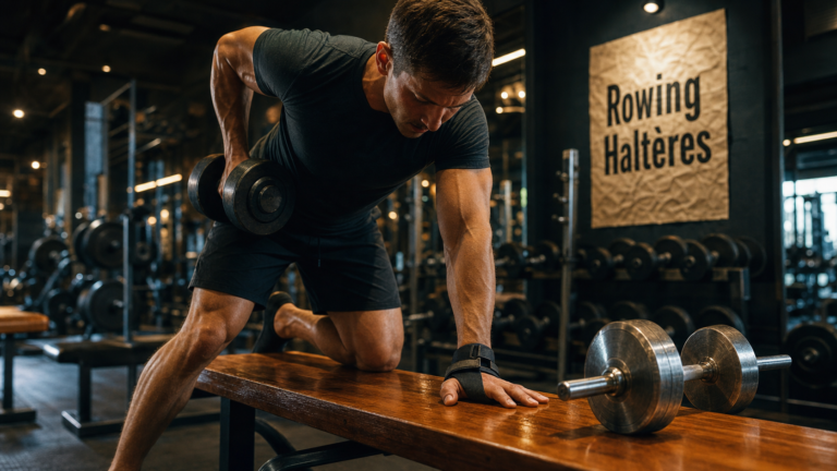 rowing halteres dos plat prise neutre sur banc