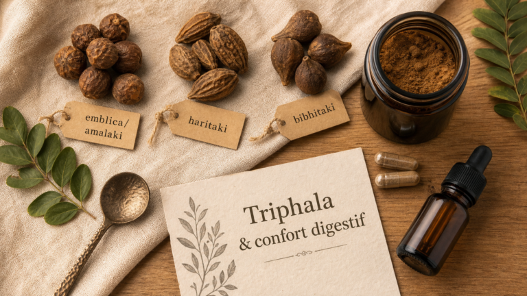 Triphala bienfaits : fruits séchés et gélules pour digestion