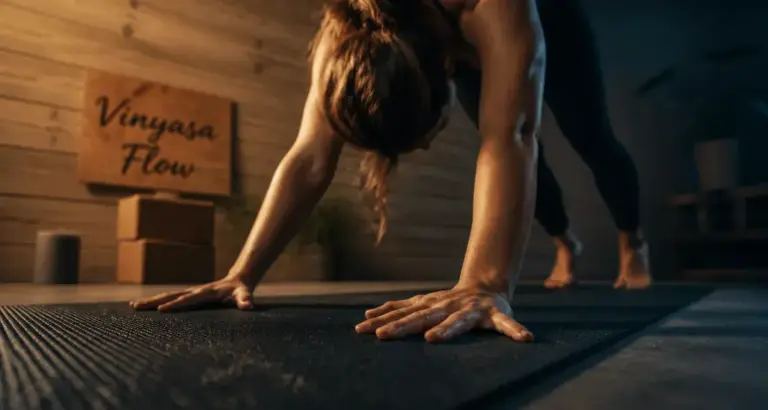 Vinyasa yoga en studio : tapis et posture en transition
