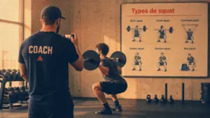 Different type de squat : back, front, sumo ou bulgare en salle