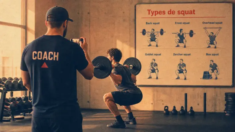 Different type de squat : back, front, sumo ou bulgare en salle