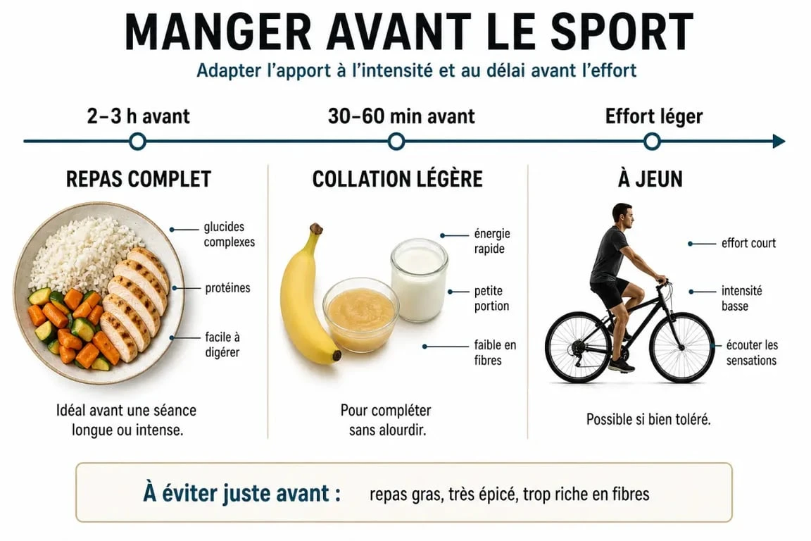 Manger avant le sport : comparaison visuelle entre repas complet, collation légère et sport à jeun