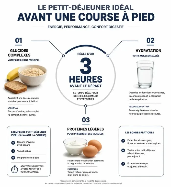 Infographie sur le petit-déjeuner idéal avant une course à pied : timing et apports nutritionnels