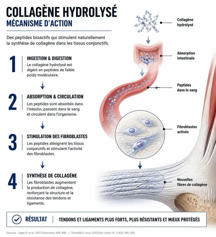 Schéma scientifique illustrant les bienfaits du collagène sport sur les tissus conjonctifs