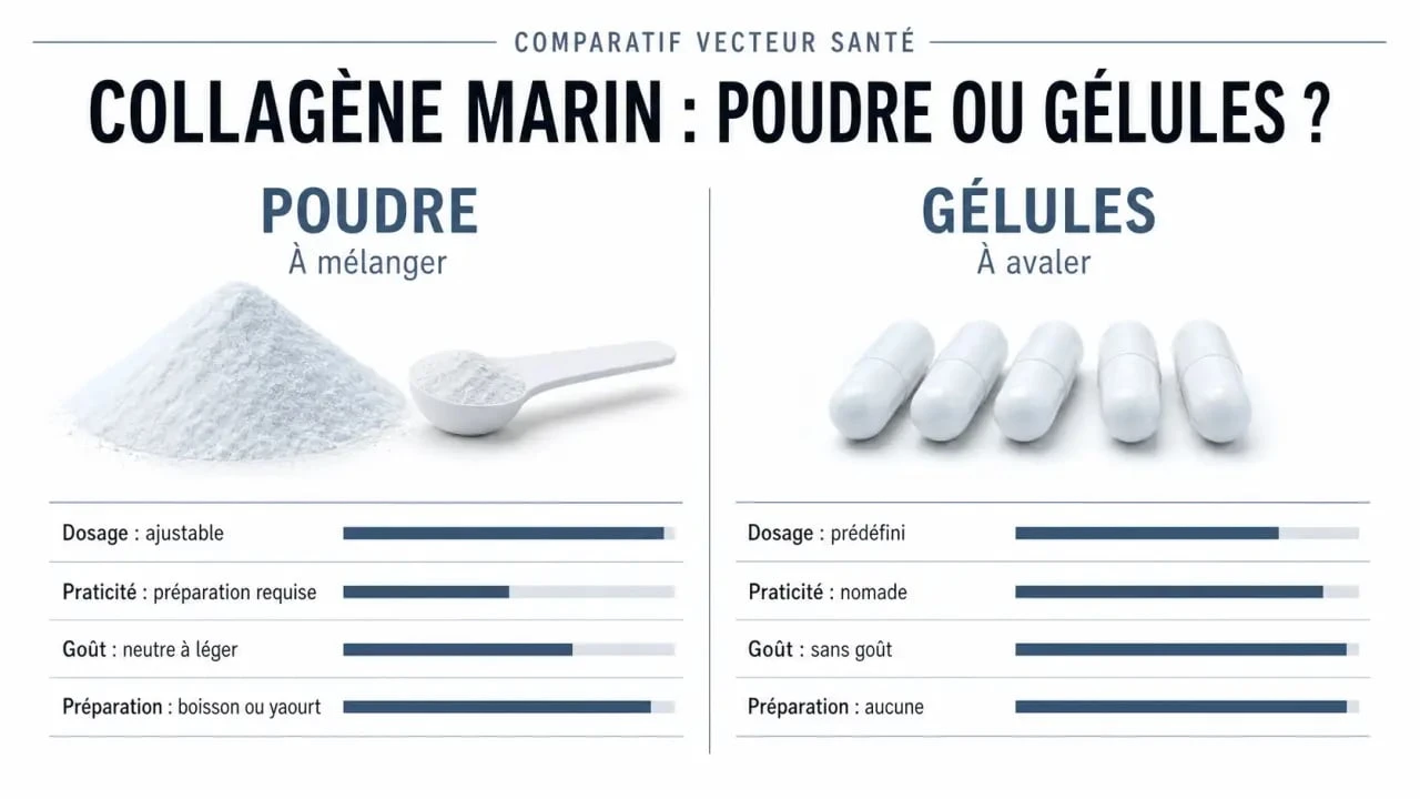 Collagène marin Vecteur Santé : comparaison visuelle entre poudre et gélules