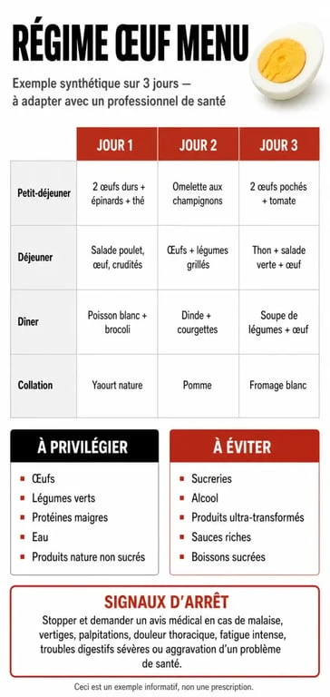 Infographie régime œuf menu avec exemples de menus sur 3 jours, aliments autorisés et avertissements santé