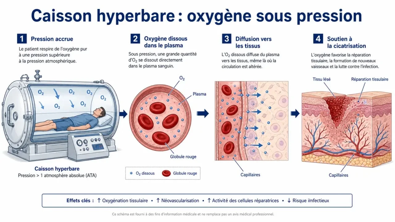 Les bienfaits du caisson hyperbare expliqués par un schéma sur la pression, l’oxygène dissous et la cicatrisation