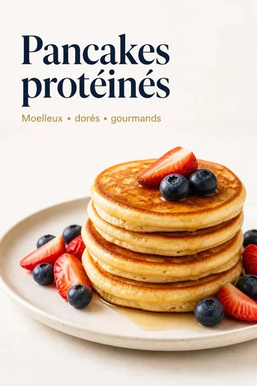 Recette pancake proteines moelleux sur assiette avec fruits frais