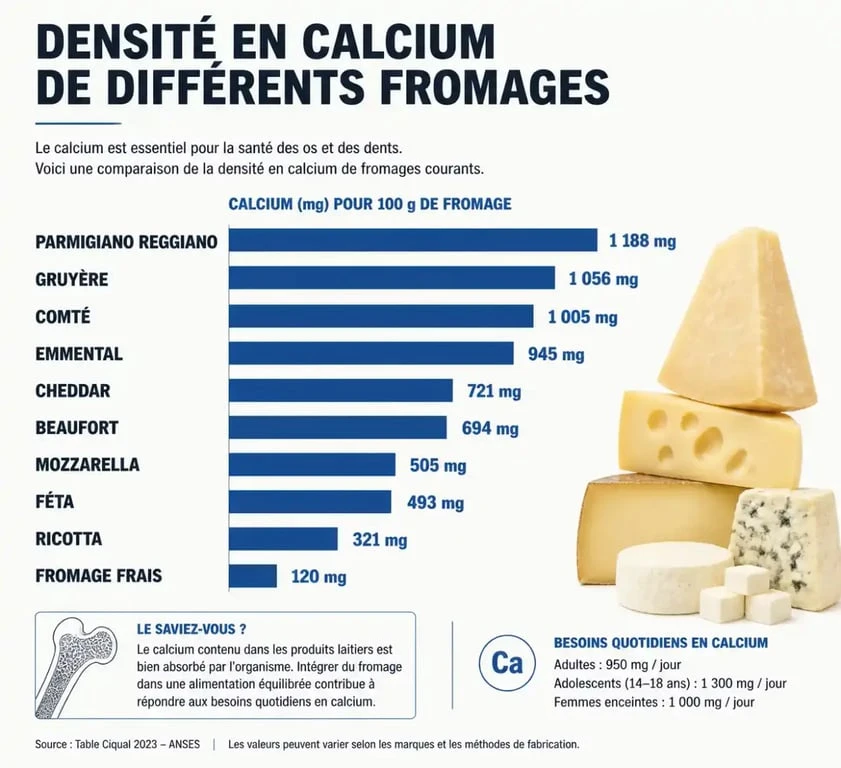 Infographie comparative des fromages les plus riches en calcium pour la santé osseuse