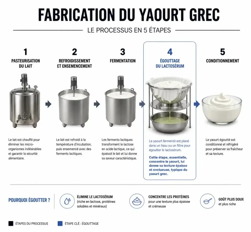 Schéma du processus d'égouttage du yaourt grec pour une concentration en protéines optimale
