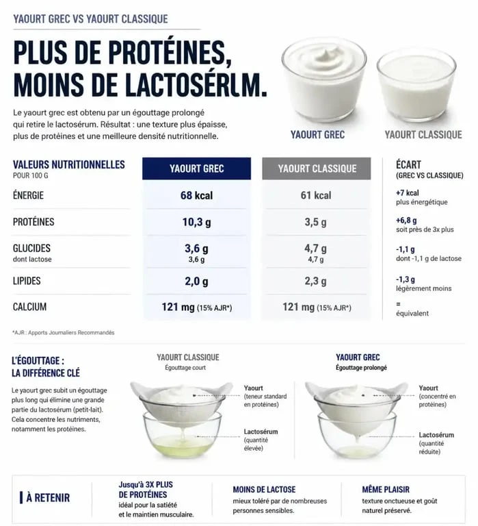 Infographie comparative des bienfaits nutritionnels du yaourt grec par rapport au yaourt classique