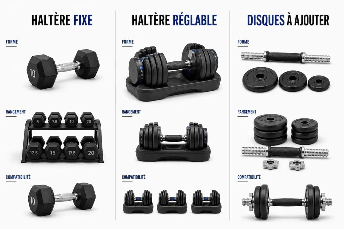 Poids haltere : comparaison visuelle des haltères fixes, réglables et des disques