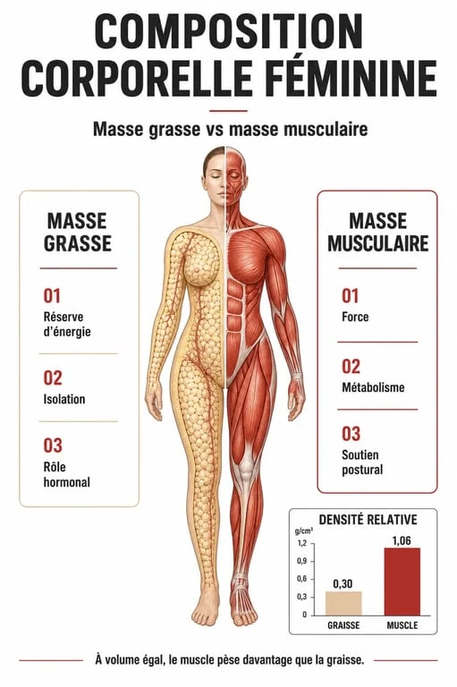 Infographie sur la composition corporelle et les bienfaits de la musculation pour femme