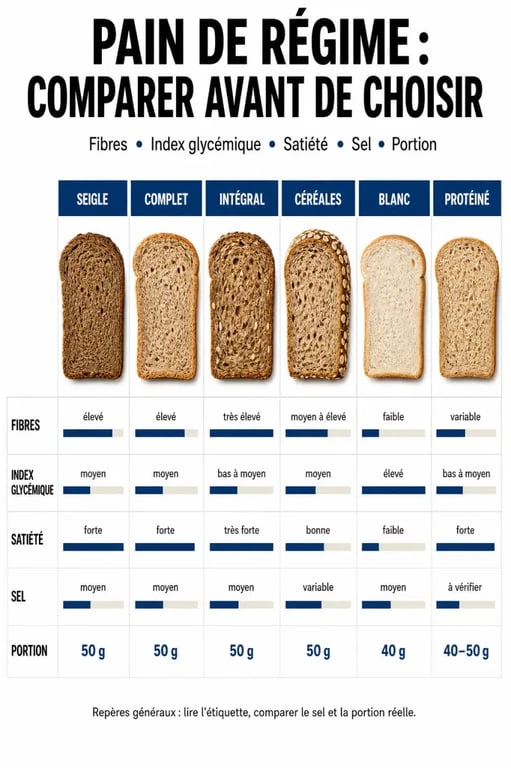 Pain de régime : comparaison visuelle des pains de seigle, complet, intégral, céréales, blanc et protéiné