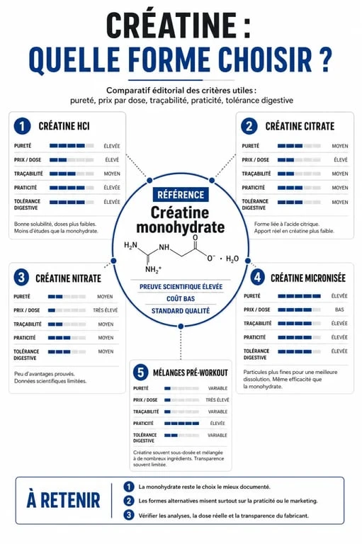 Meilleur creatine : infographie comparative des formes de créatine et des critères de choix