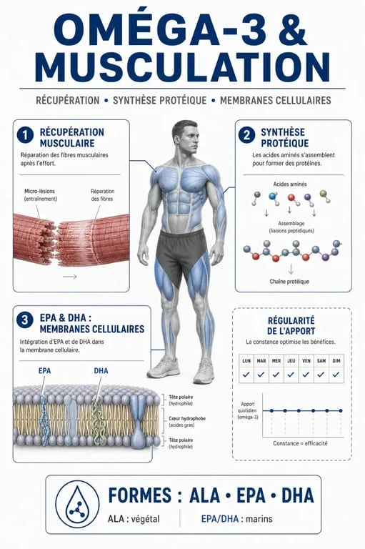 Musculation omega 3 : schéma des effets sur la récupération, la synthèse protéique et les formes ALA, EPA et DHA