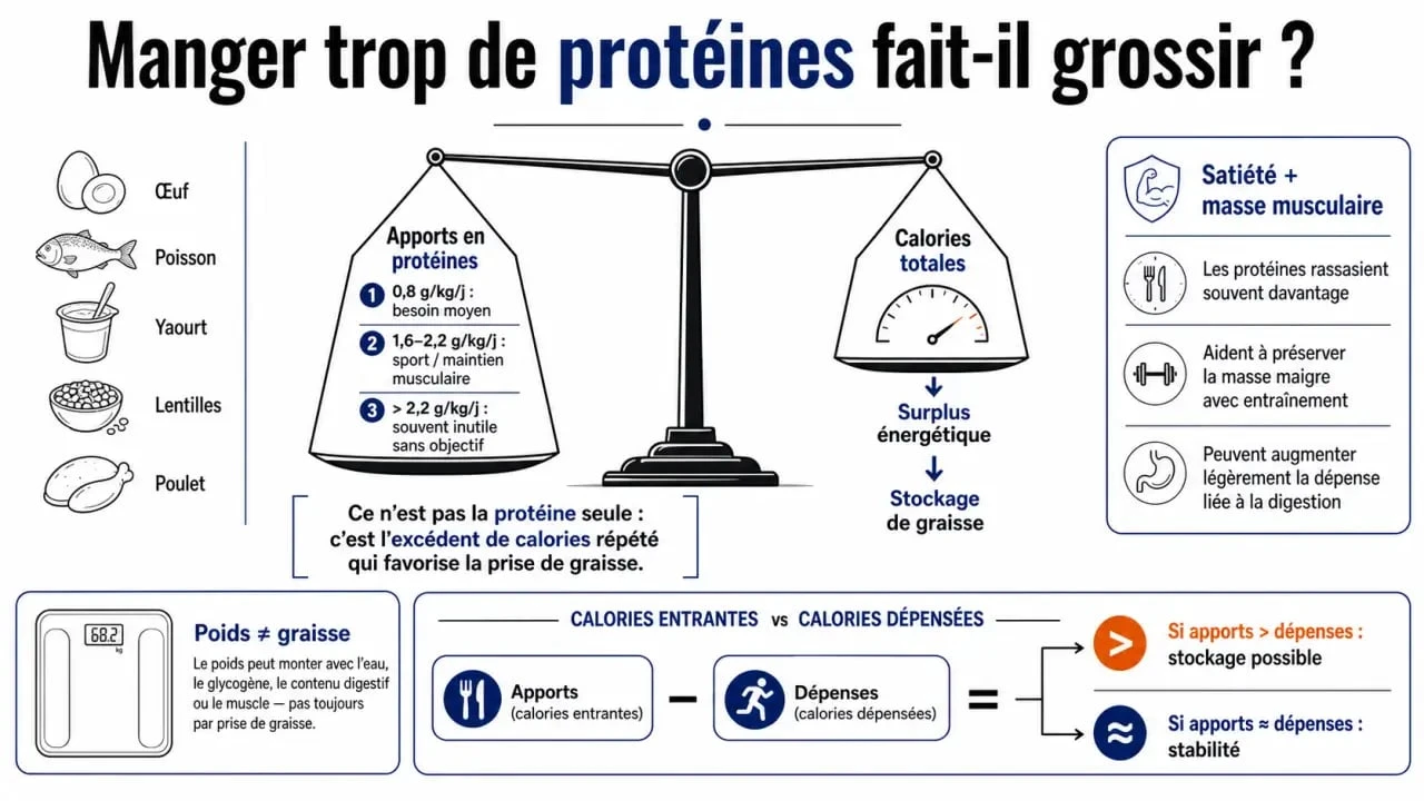 Manger trop de protéine fait-il grossir ? Infographie sur l’excédent calorique, la satiété, la masse musculaire et les seuils en g/kg