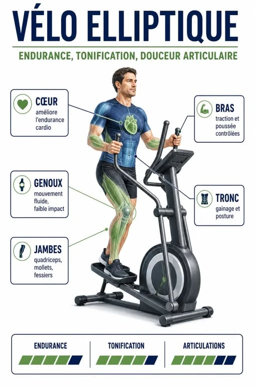 Bienfaits du vélo elliptique illustrés en schéma santé sur le cardio, les articulations et les principaux groupes musculaires