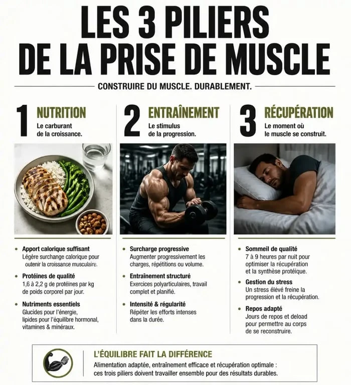 Les trois piliers pour prendre du muscle : nutrition, entraînement et récupération