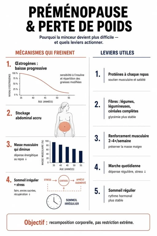 Infographie pour perdre du poids en préménopause : hormones, ventre, muscle, sommeil et stress