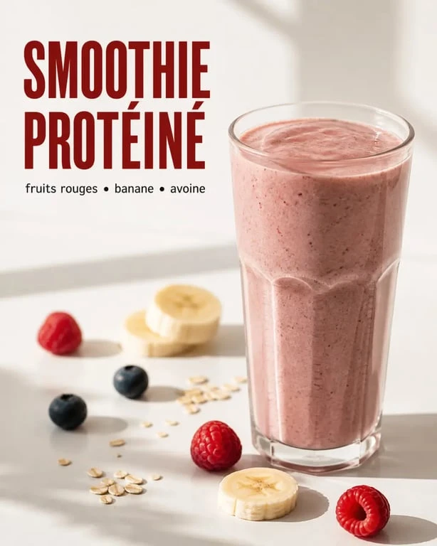Smoothie proteine crémeux prêt à boire avec fruits et flocons d’avoine