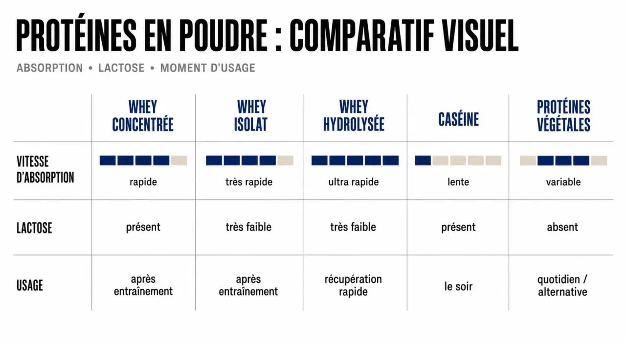 Protéine de lait : comparaison visuelle entre whey, caséine et protéines végétales