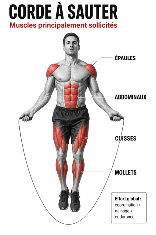 Infographie des muscles sollicités par la corde à sauter pour ses bienfaits