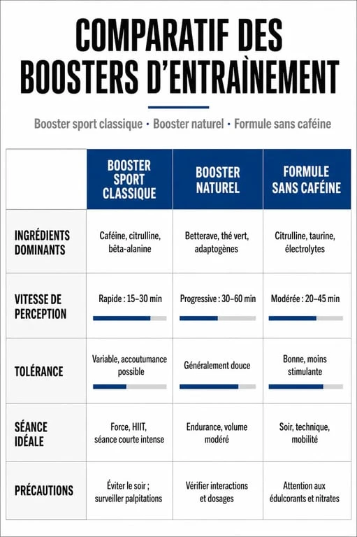 Comparaison des types de booster sport : classique, naturel et sans caféine